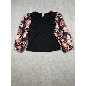 Dolan Athropologie Puff Floral Sleeve Ribbed‎ Top Black Pink Multicolor Medium